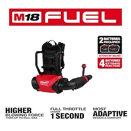 Image of the M18 FUEL™ Dual Battery Backpack Blower with a red and black design. It requires 2 batteries, has a higher blowing force, reaches full throttle in under 1 second, and offers adaptive design and comfort. Text highlights features and battery requirements.