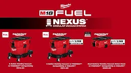 The image shows a Milwaukee Fuel Wet/Dry Vacuum, a red and black mobile vacuum with a hose wrapped around it and mounted on caster wheels. The vacuum features the Milwaukee logo and is designed for heavy-duty cleaning tasks.