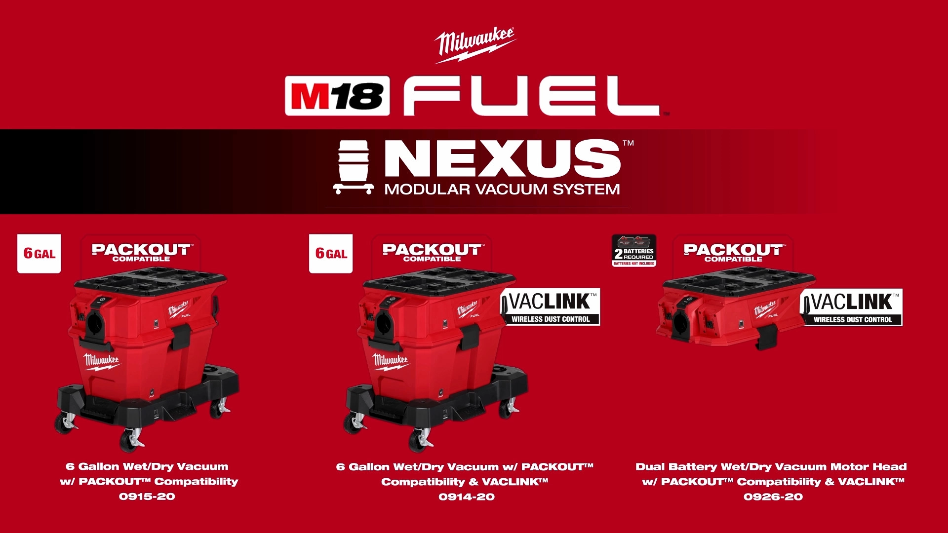 The image shows a Milwaukee Fuel Wet/Dry Vacuum, a red and black mobile vacuum with a hose wrapped around it and mounted on caster wheels. The vacuum features the Milwaukee logo and is designed for heavy-duty cleaning tasks.