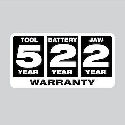 5 Year Tool, 2 Year Battery & 2 Year Jaw Warranty displayed in bold black and white text on a rectangular background.
