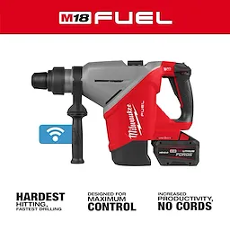 Milwaukee M18 FUEL 1-3/4" SDS MAX Rotary Hammer with ONE-KEY features a red and black design, cordless with a side handle.