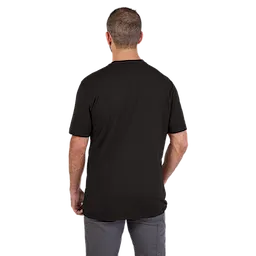 Rear view of a person wearing the Heavy Duty Pocket T-Shirt - Black, featuring a plain black design with short sleeves.
