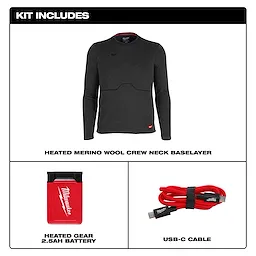 Milwaukee Heated Merino Wool Crew Neck Baselayer with battery and USB-C cable displayed on white background