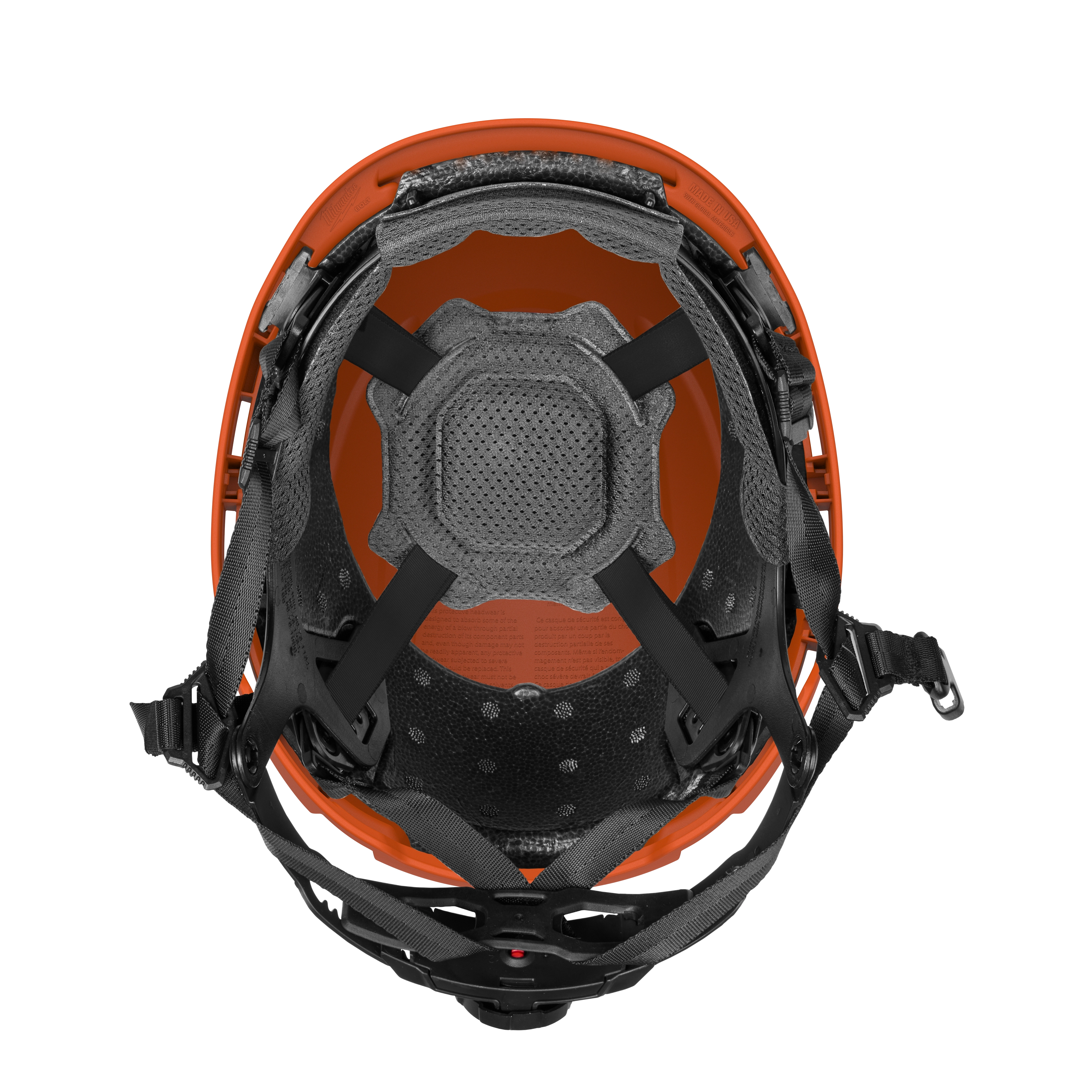 BOLT™ Safety Orange Safety Helmet with 4-point Ratcheting Suspension, viewed from the inside. It features a series of black straps and a padded mesh cushion for better fit and comfort. The helmet is designated Type 2, Class E for optimal protection in various work environments.