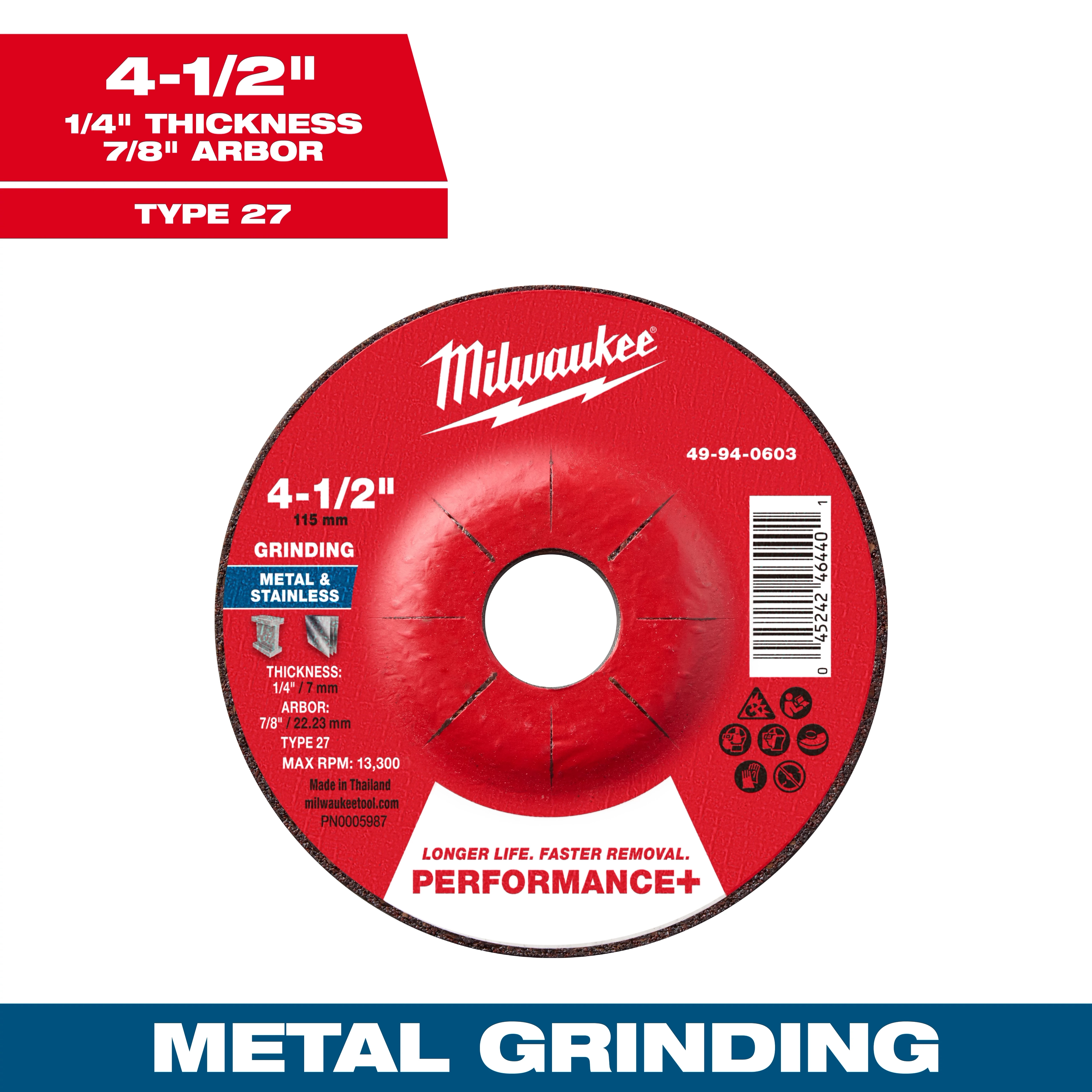 Milwaukee Performance+ Metal Grinding Wheel - Type 27, 4-1/2" x 1/4" x 7/8", for metal and stainless, 13,300 max RPM.