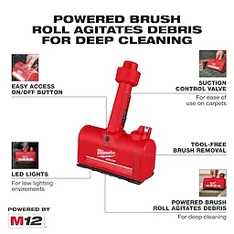 The image shows the M12™ AIR-TIP™ Utility Nozzle. It highlights features including a powered brush roll, suction control valve, tool-free brush removal, easy access on/off button, and LED lights for low-light environments. The tool is designed for deep cleaning and powered by M12™.