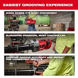 The image showcases the M18 FUEL™ RINGER™ Roll Groover being used in different scenarios. The top section highlights its convenience. The middle shows controlled operation eliminating cranking. The bottom emphasizes accurate and repeatable groove results. The background text states "Easiest Grooving Experience."