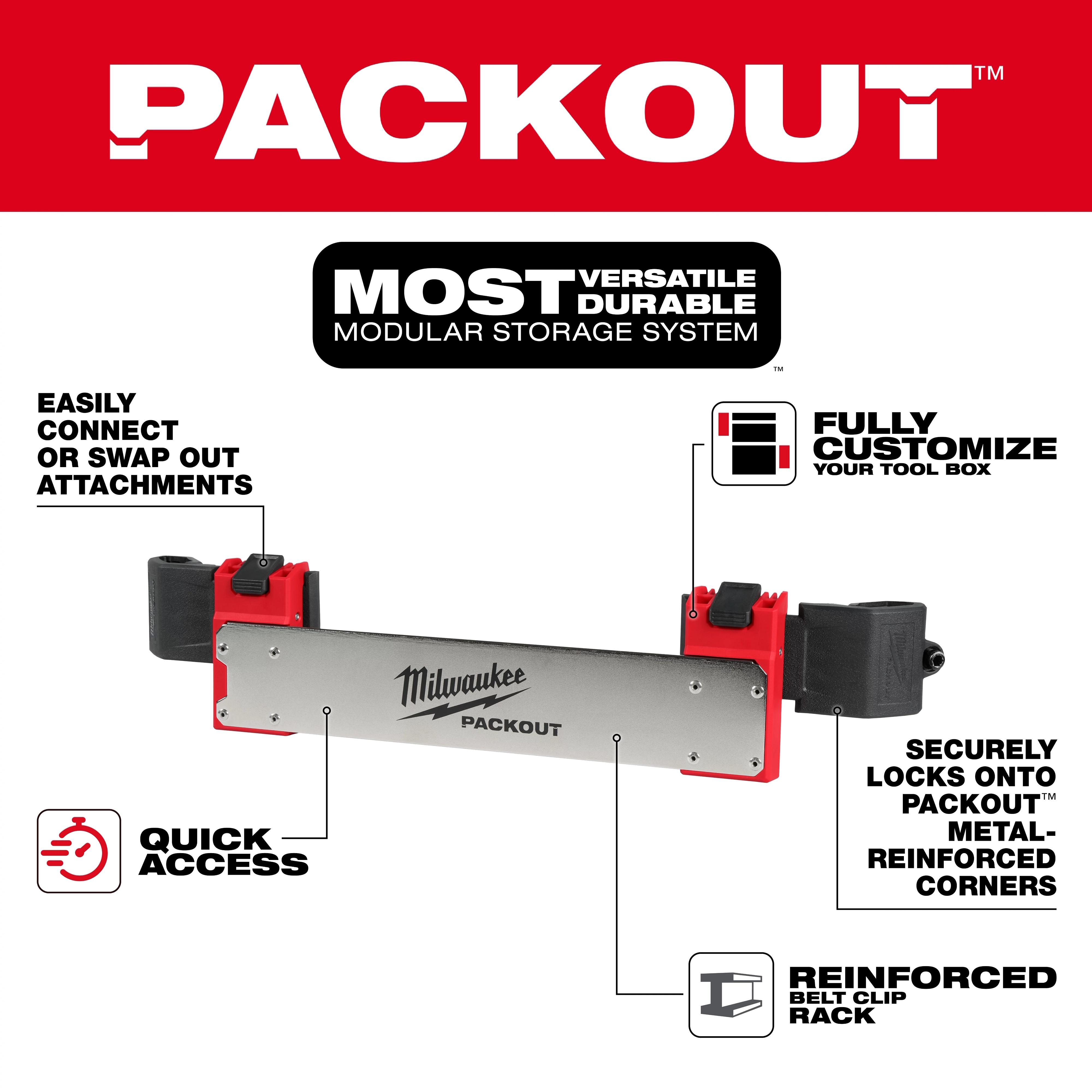 PACKOUT Tool Box Belt Clip Rack Attachment allows quick access, easy attachment swaps, and securely locks onto metal-reinforced corners.