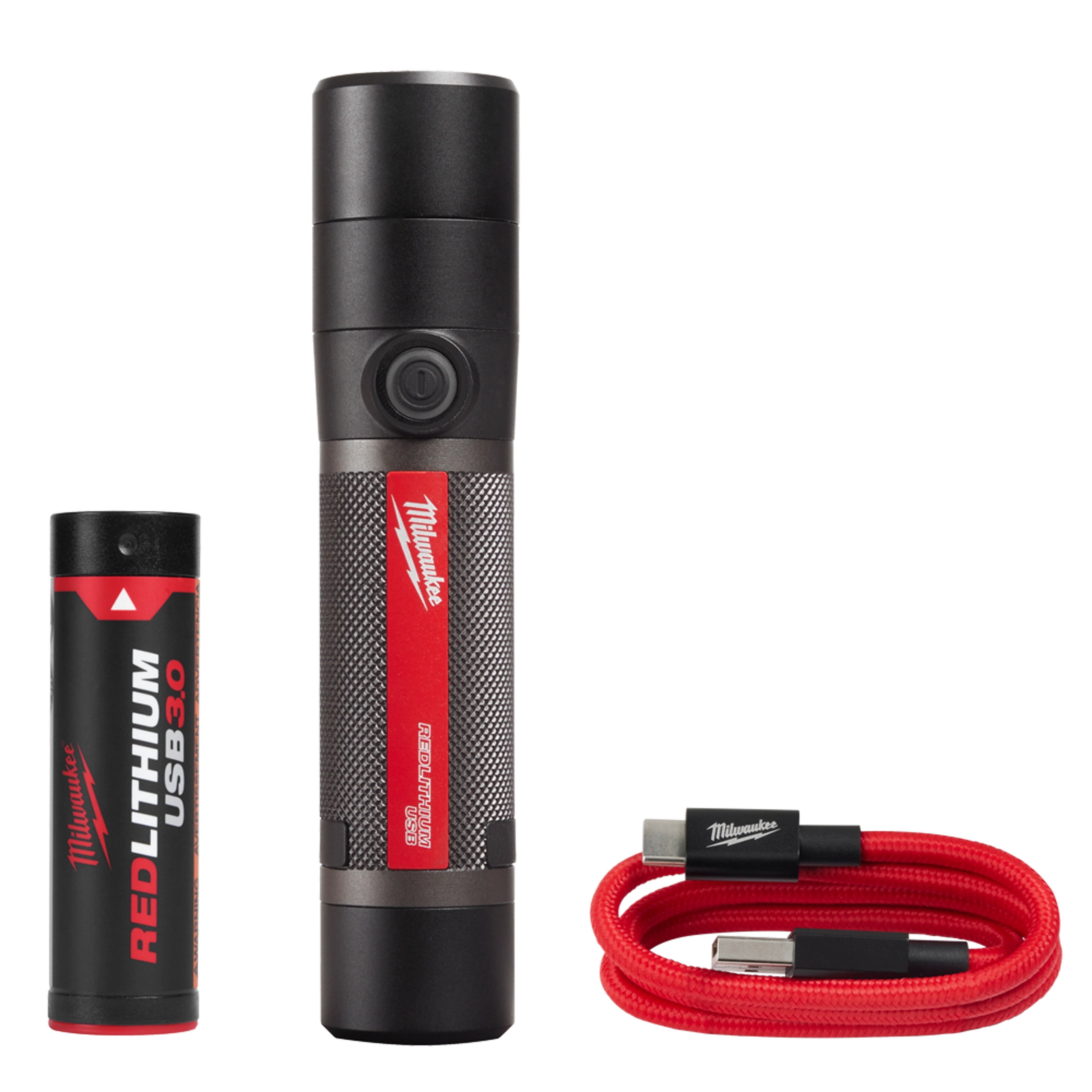 USB Rechargeable 800L Compact Flashlight, featuring a red-black design, comes with a USB battery and red charging cable.