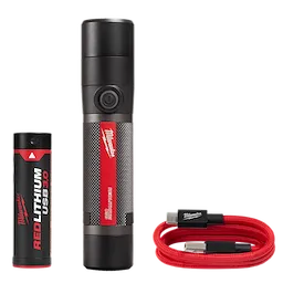 USB Rechargeable 800L Compact Flashlight, featuring a red-black design, comes with a USB battery and red charging cable.