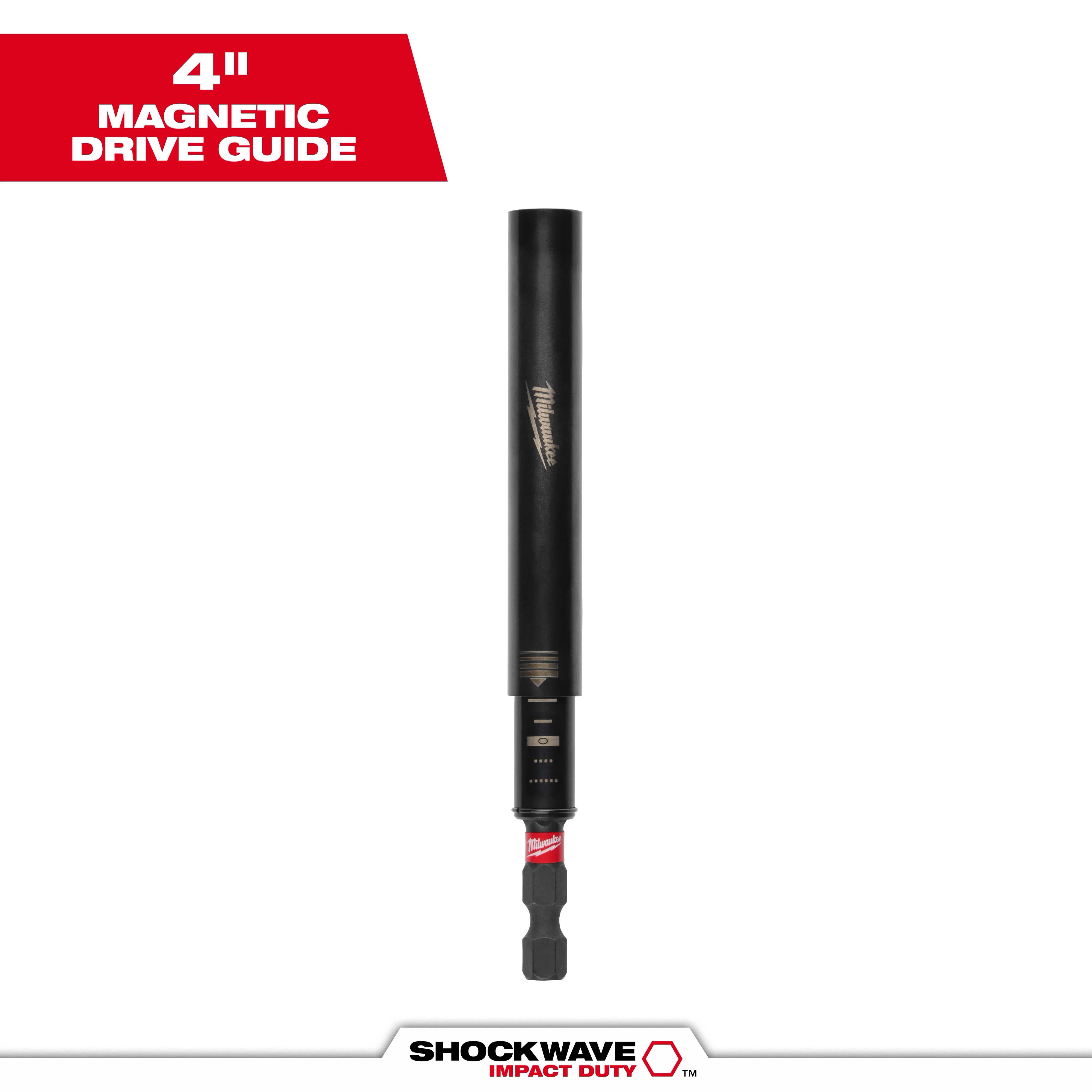 This image shows the SHOCKWAVE™ 4" Impact Duty Magnetic Drive Guide by Milwaukee, displayed vertically. It features a black, cylindrical body with a magnetic drive tip, designed for secure bit holding during high-impact applications.
