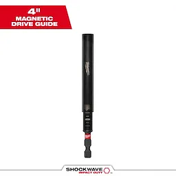 This image shows the SHOCKWAVE™ 4" Impact Duty Magnetic Drive Guide by Milwaukee, displayed vertically. It features a black, cylindrical body with a magnetic drive tip, designed for secure bit holding during high-impact applications.