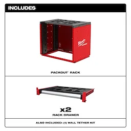 The PACKOUT™ Rack includes a red storage rack, two rack drawers, and one wall tether kit. The rack is designed by Milwaukee and provides modular tool storage with customizable options to organize tools and accessories efficiently. The drawers slide into the rack for added convenience.