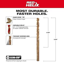 Milwaukee 48-89-2312 Walkaround drill bit featuring Quad Edge tip for sharpness, Variable Helix for faster removal, and thicker tapered web for strength.