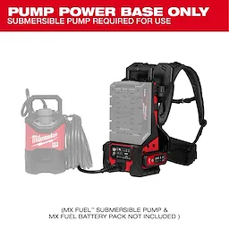 Image of an MX FUEL™ Portable Pump Power Base with a backpack-style harness. The text at the top states, "PUMP POWER BASE ONLY" and “SUBMERSIBLE PUMP REQUIRED FOR USE.” The partially visible MX FUEL™ submersible pump and battery pack are not included.