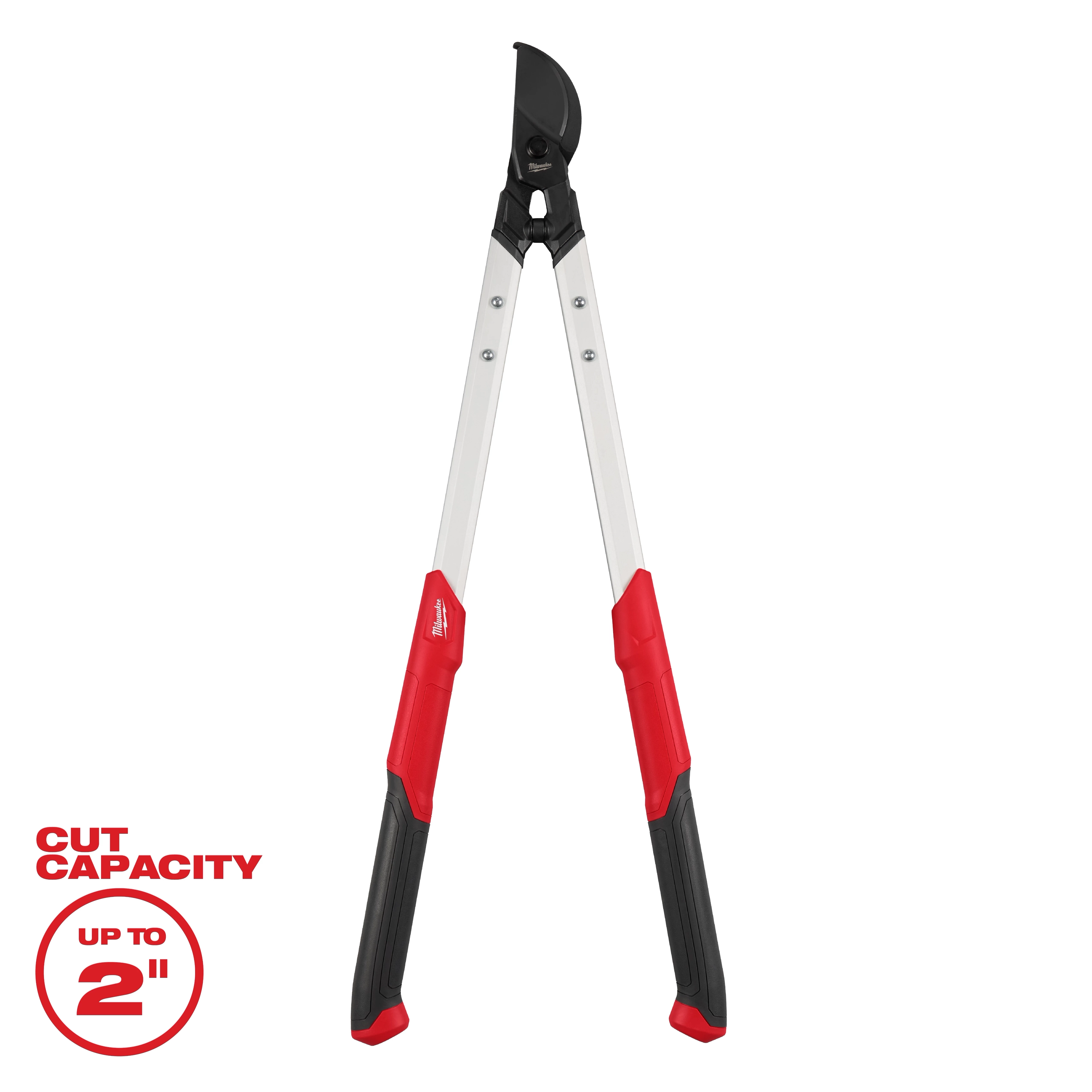 This image shows a 2" Lopper with long handles, red grips, and a black cutting blade. A text label indicates its cut capacity is up to 2 inches.
