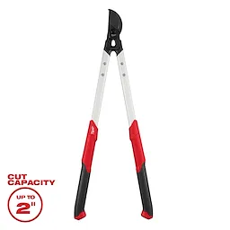 This image shows a 2" Lopper with long handles, red grips, and a black cutting blade. A text label indicates its cut capacity is up to 2 inches.