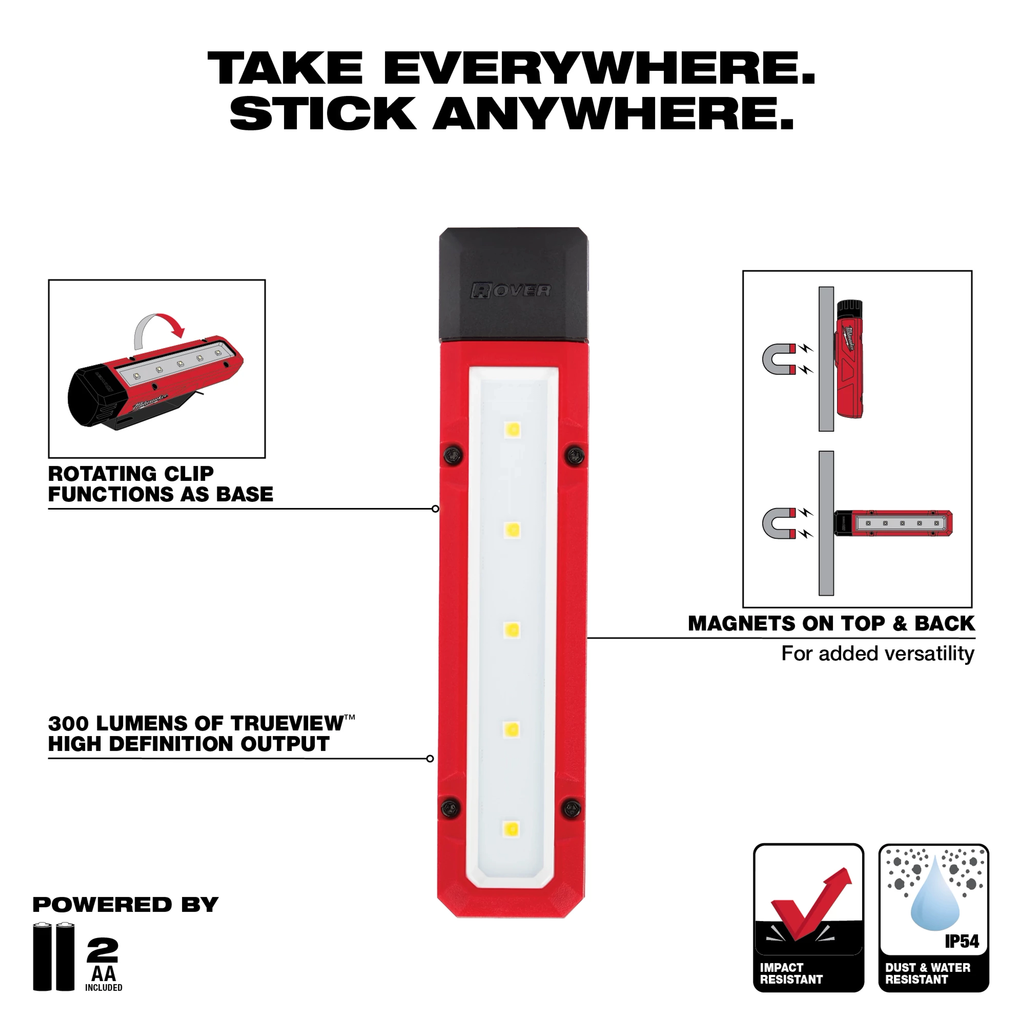 Walkaround light with 300 lumens, high definition output, rotating clip, magnets, powered by 2 AA batteries. Impact, dust, and water resistant.