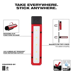Walkaround light with 300 lumens, high definition output, rotating clip, magnets, powered by 2 AA batteries. Impact, dust, and water resistant.