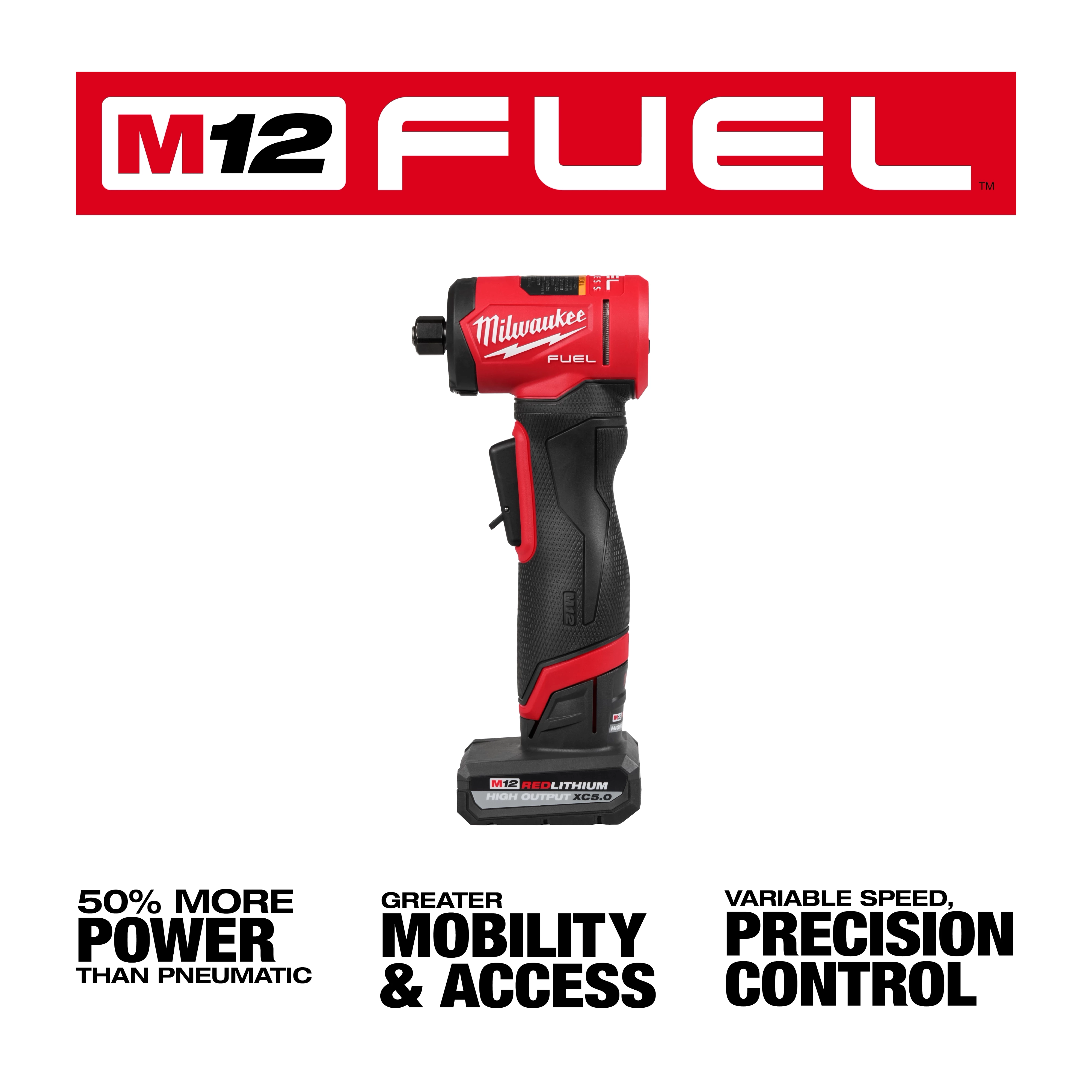 The image shows the M12 FUEL™ 1/4" Right Angle Die Grinder. It has a cordless, compact design with branding and features highlighted, including 50% more power than pneumatic, greater mobility and access, and variable speed precision control.