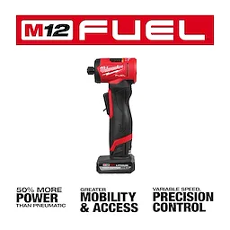 The image shows the M12 FUEL™ 1/4" Right Angle Die Grinder. It has a cordless, compact design with branding and features highlighted, including 50% more power than pneumatic, greater mobility and access, and variable speed precision control.