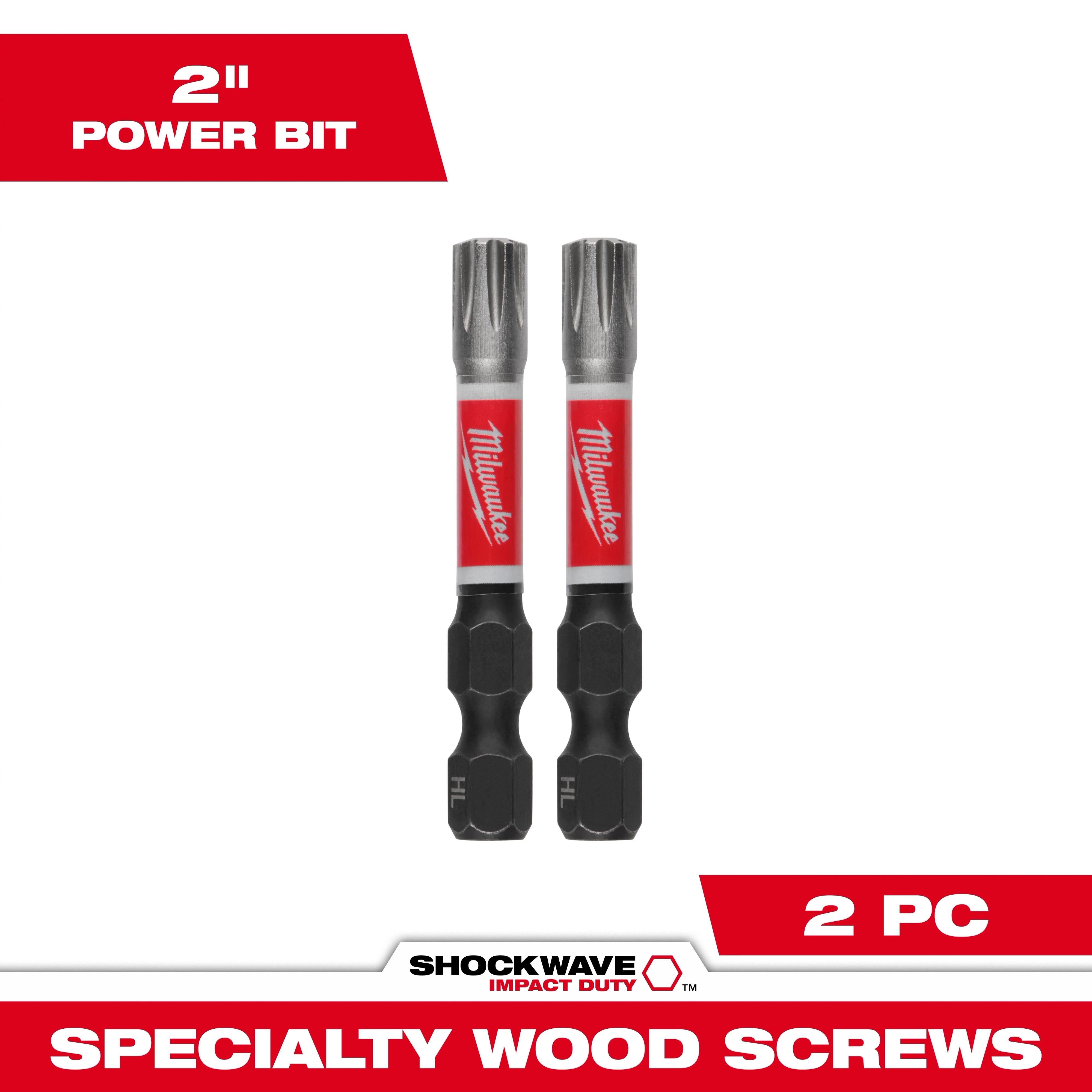 The image shows two SHOCKWAVE™ 2" Impact Specialty Wood Screws Power Bits (2 PK) by Milwaukee. The power bits have a red and black color scheme and are labeled “2” Power Bit” and “2 PC” at the top and bottom of the image respectively.