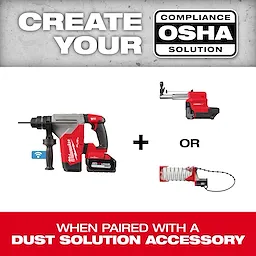 M18 FUEL 1-1/8" SDS Plus Rotary Hammer w/ ONE-KEY displayed with options for dust solution accessories to ensure OSHA compliance.