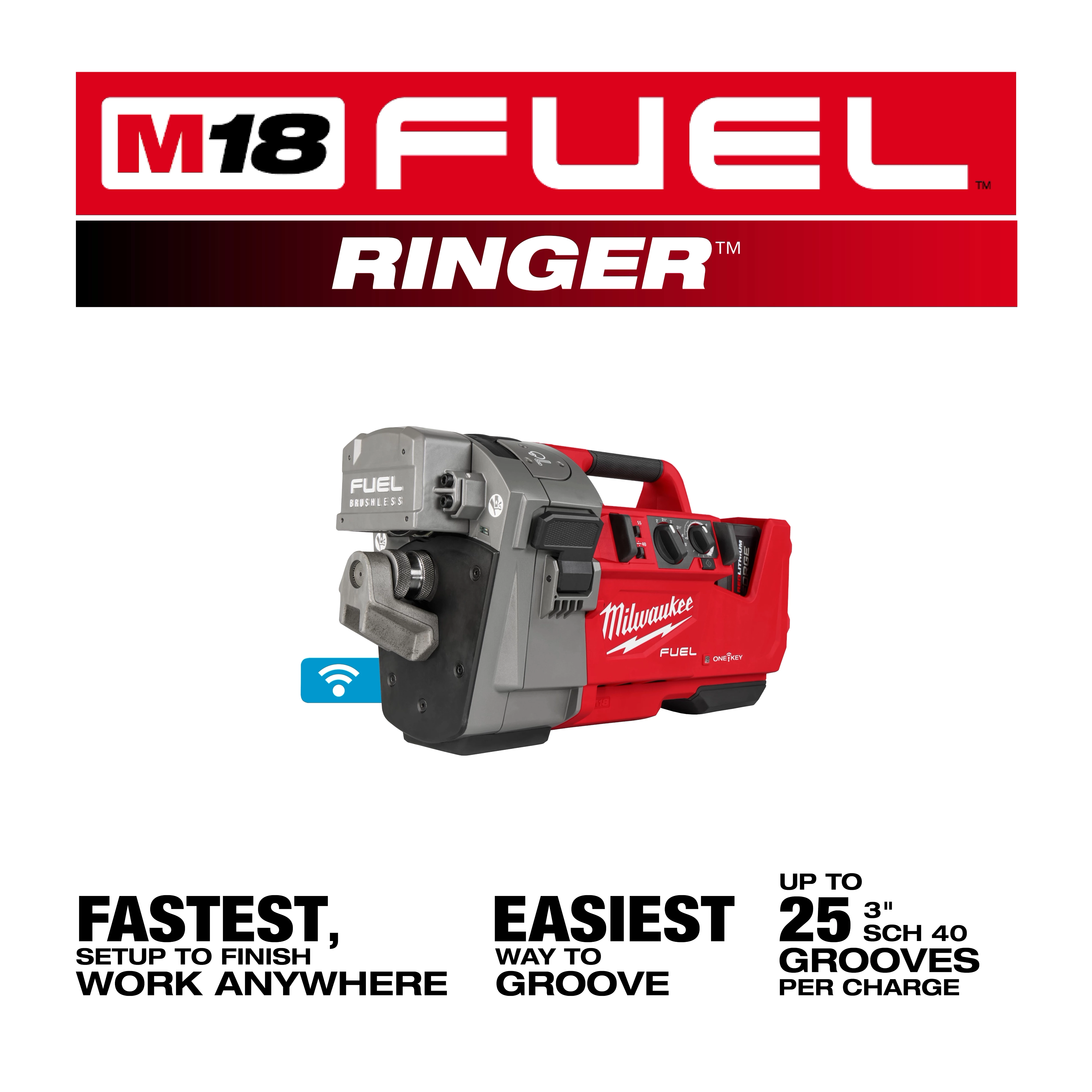 The image displays the M18 FUEL RINGER Roll Groover for 2” – 6” Sch 10/40 by Milwaukee. It is described as the fastest, easiest way to groove, capable of up to 25 grooves per charge.