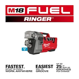 The image displays the M18 FUEL RINGER Roll Groover for 2” – 6” Sch 10/40 by Milwaukee. It is described as the fastest, easiest way to groove, capable of up to 25 grooves per charge.