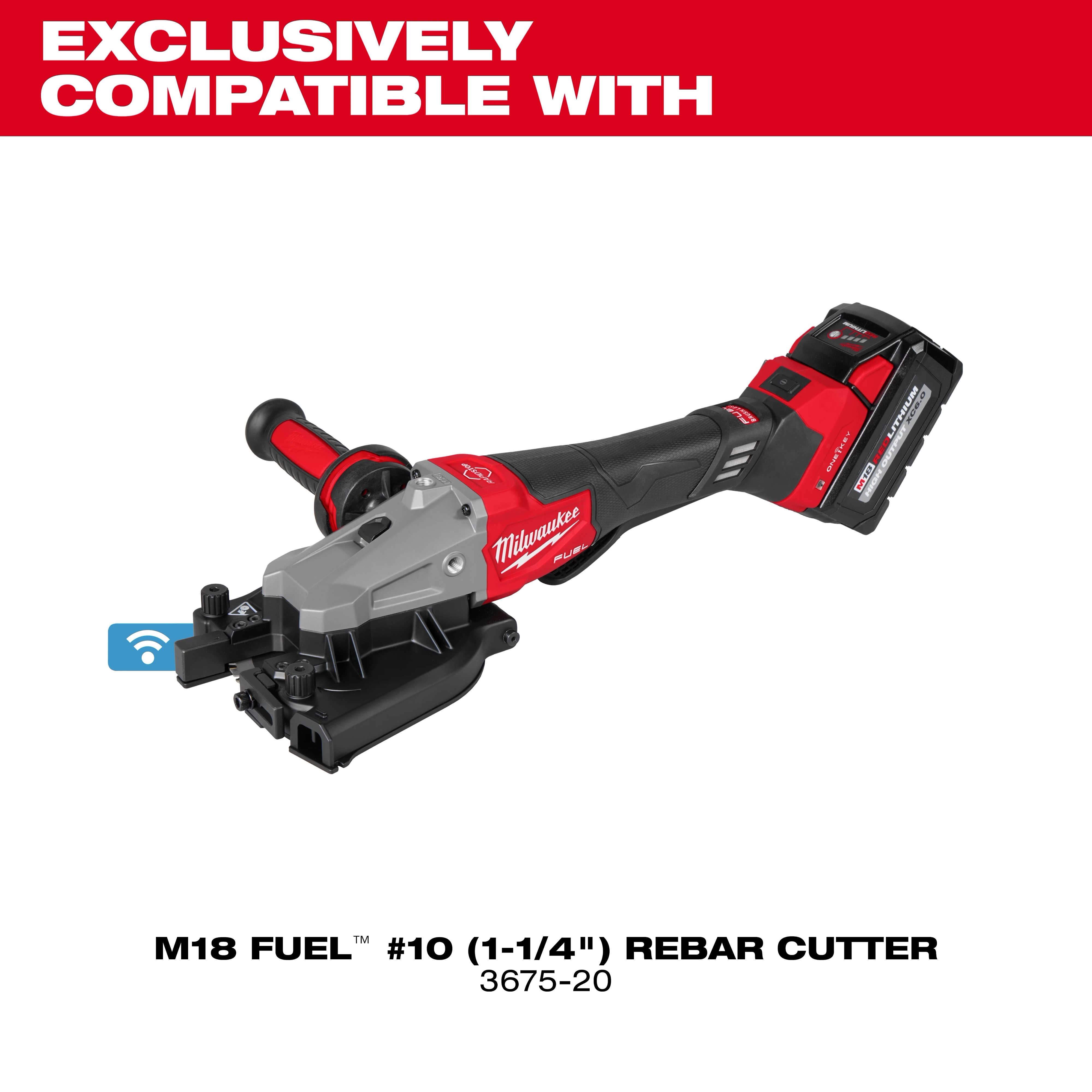 The image shows an M18 FUEL™ #10 (1-1/4”) Rebar Cutting Blade, specifically designed for use with a Milwaukee rebar cutter. The text indicates it is exclusively compatible with certain models, highlighting its purpose and compatibility.