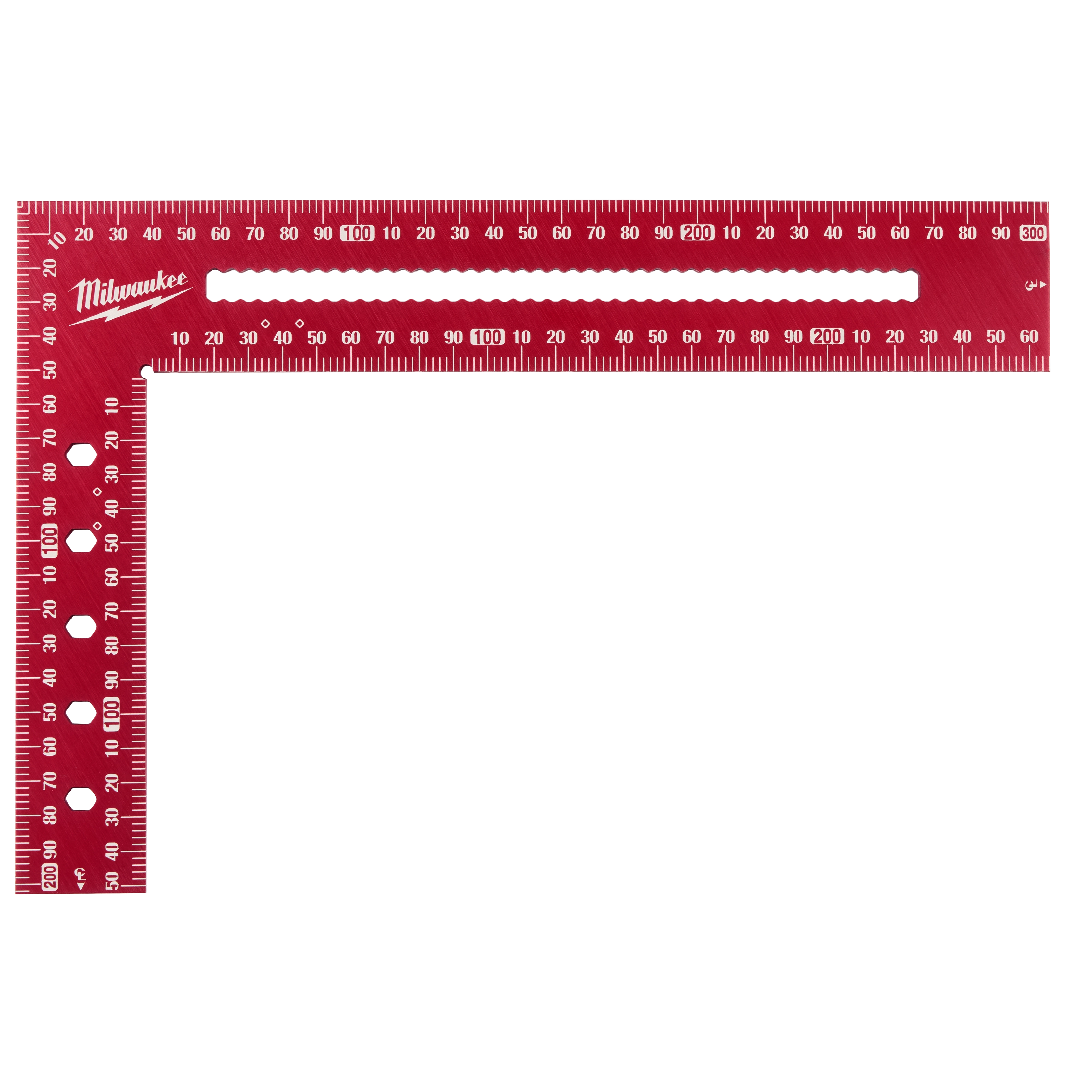 Image of a red 200mm x 300mm framing square with measurement markings along both edges. The square features a series of holes for various uses and has a serrated interior edge along the longer side. The brand name "Milwaukee" is printed on the top left section.