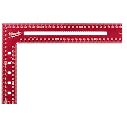 Image of a red 200mm x 300mm framing square with measurement markings along both edges. The square features a series of holes for various uses and has a serrated interior edge along the longer side. The brand name "Milwaukee" is printed on the top left section.