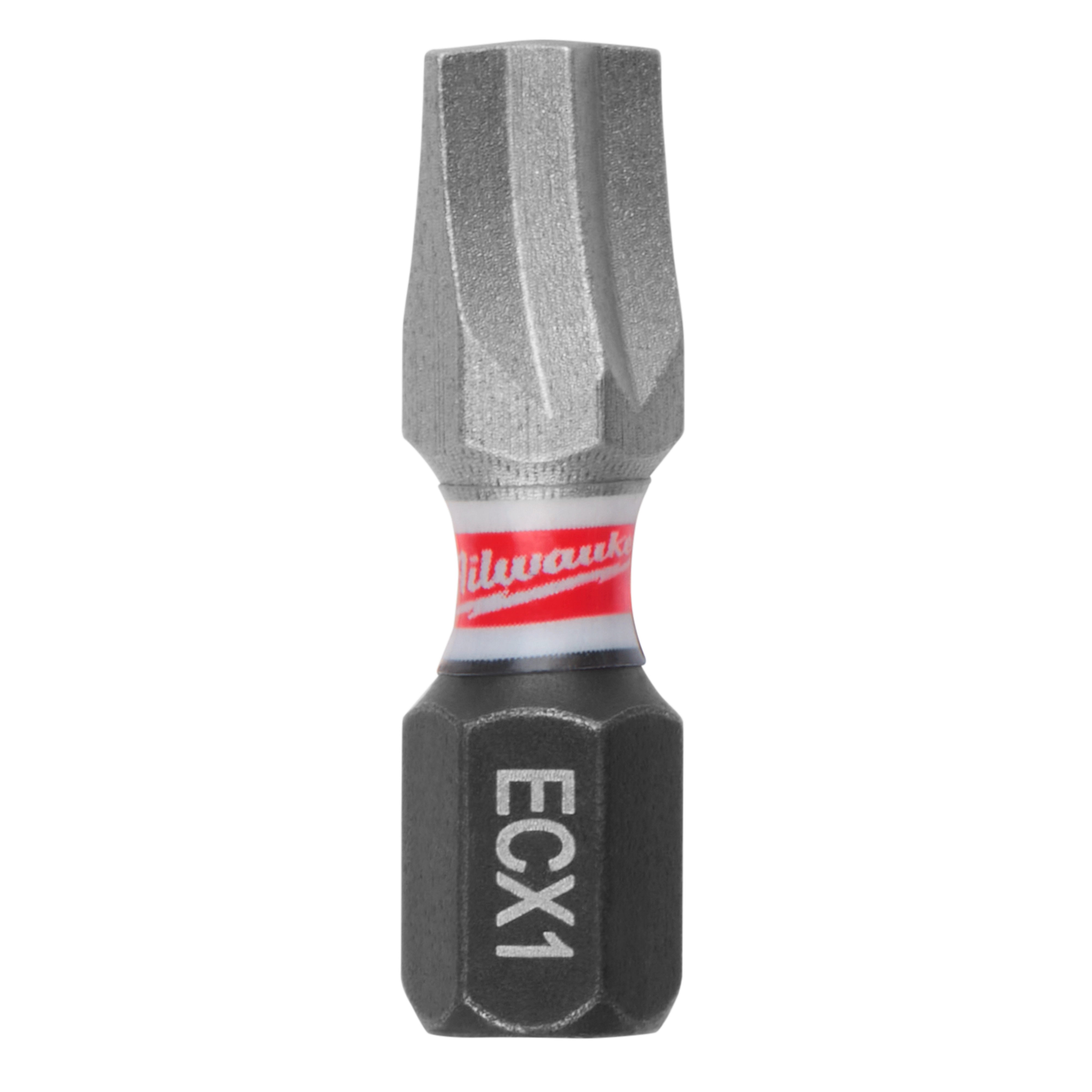 The image shows a single SHOCKWAVE™ 1" Impact Duty ECX™ 1 Insert Bit. It has a short, hexagonal base labeled "ECX1" and a gray tip with a Milwaukee logo on a white and red band around the middle.