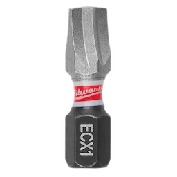 The image shows a single SHOCKWAVE™ 1" Impact Duty ECX™ 1 Insert Bit. It has a short, hexagonal base labeled "ECX1" and a gray tip with a Milwaukee logo on a white and red band around the middle.