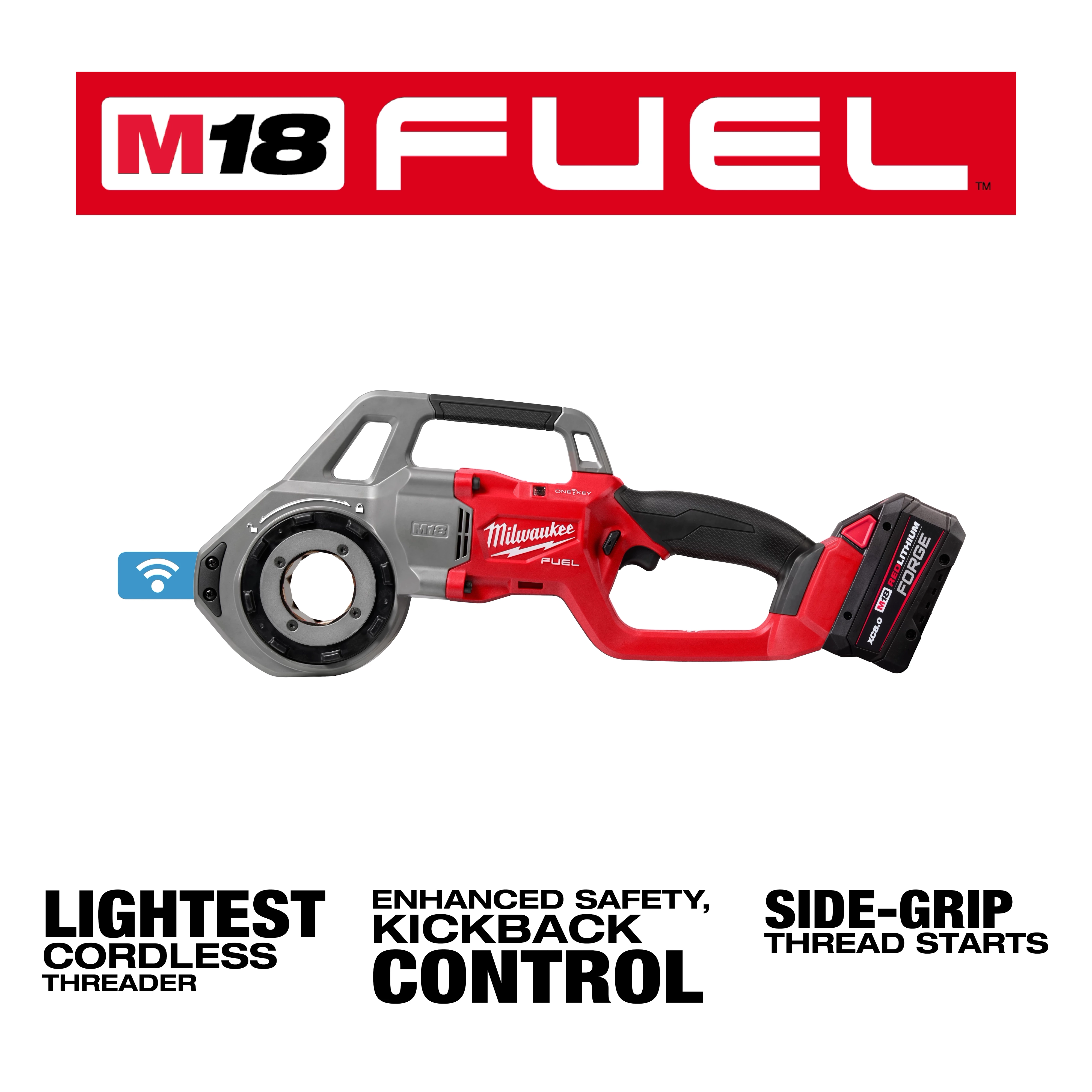 This is an image of the M18 FUEL™ Compact Pipe Threader with ONE-KEY™ and 1/2" - 1-1 the compact NPT forged aluminum die heads. The top banner displays “M18 FUEL™.” The image highlights the threader’s features: lightest cordless threader, enhanced safety with optimized kickback control, and side-grip thread starts.