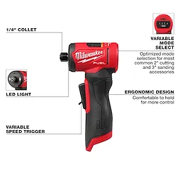 The image displays an M12 FUEL™ 1/4" Right Angle Die Grinder, highlighting features such as a 1/4" collet, ergonomic design, variable speed trigger, LED light, and variable mode select for optimized use with common 2" cutting and 3" sanding accessories.