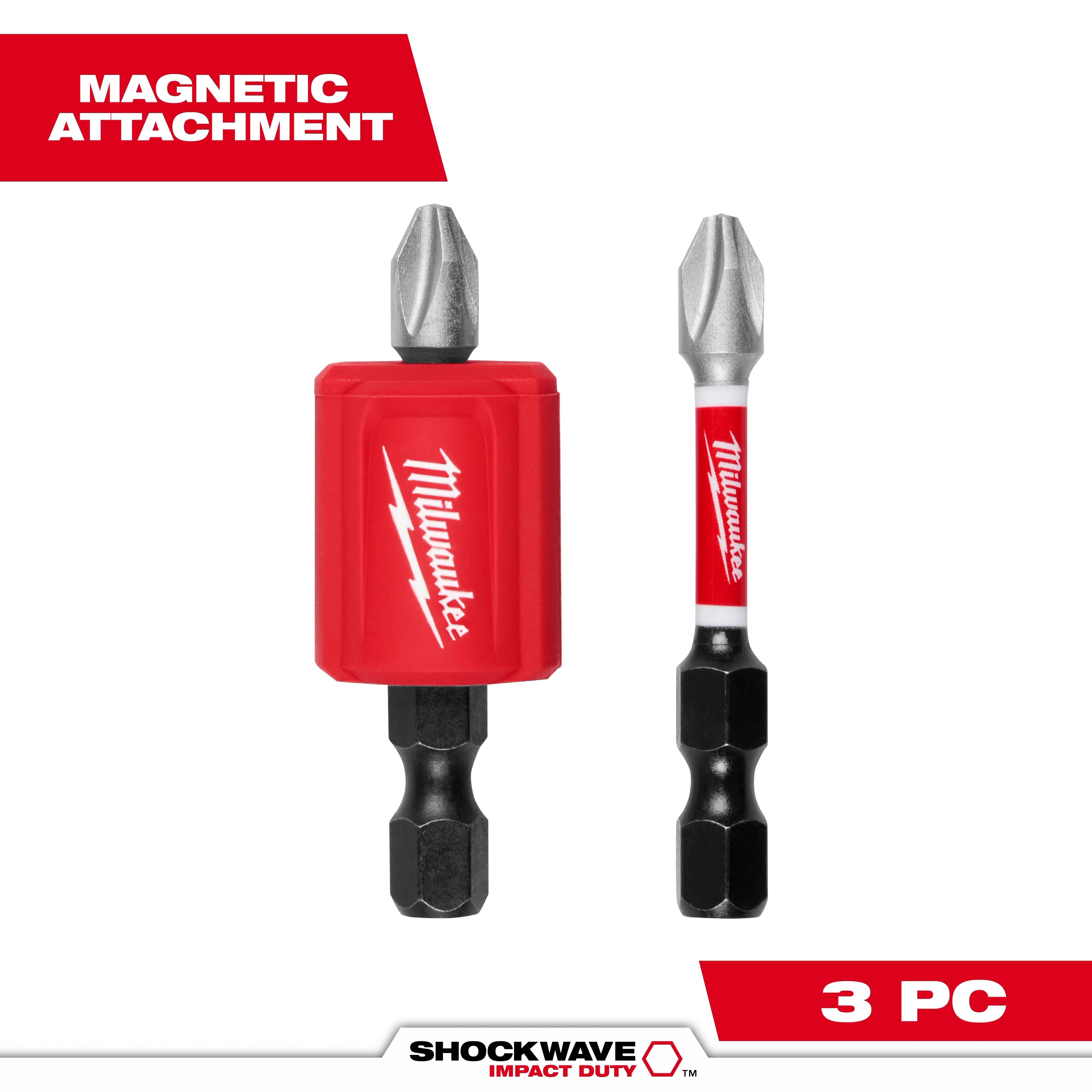 Image of SHOCKWAVE™ Impact Duty Drive and Fasten Set - 26PC. It shows two magnetic attachment drill bits from Milwaukee, one encased in red and the other with a red label. The text "MAGNETIC ATTACHMENT" is in the top left corner, and "3 PC" is in the bottom right corner.