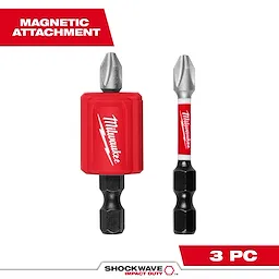 Image of SHOCKWAVE™ Impact Duty Drive and Fasten Set - 26PC. It shows two magnetic attachment drill bits from Milwaukee, one encased in red and the other with a red label. The text "MAGNETIC ATTACHMENT" is in the top left corner, and "3 PC" is in the bottom right corner.