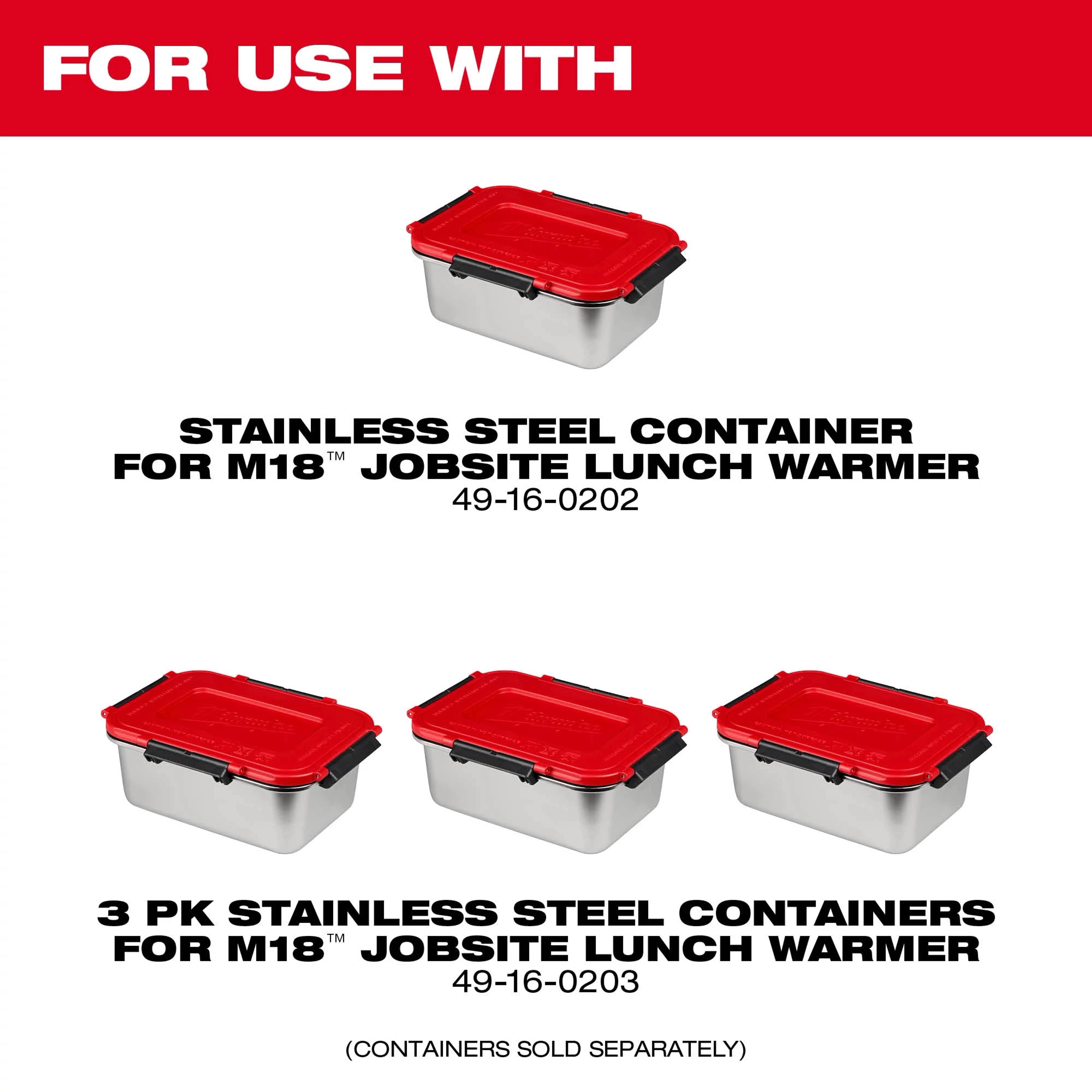 Stainless steel containers with red lids compatible with the M18 Jobsite Lunch Warmer displayed on a white background.