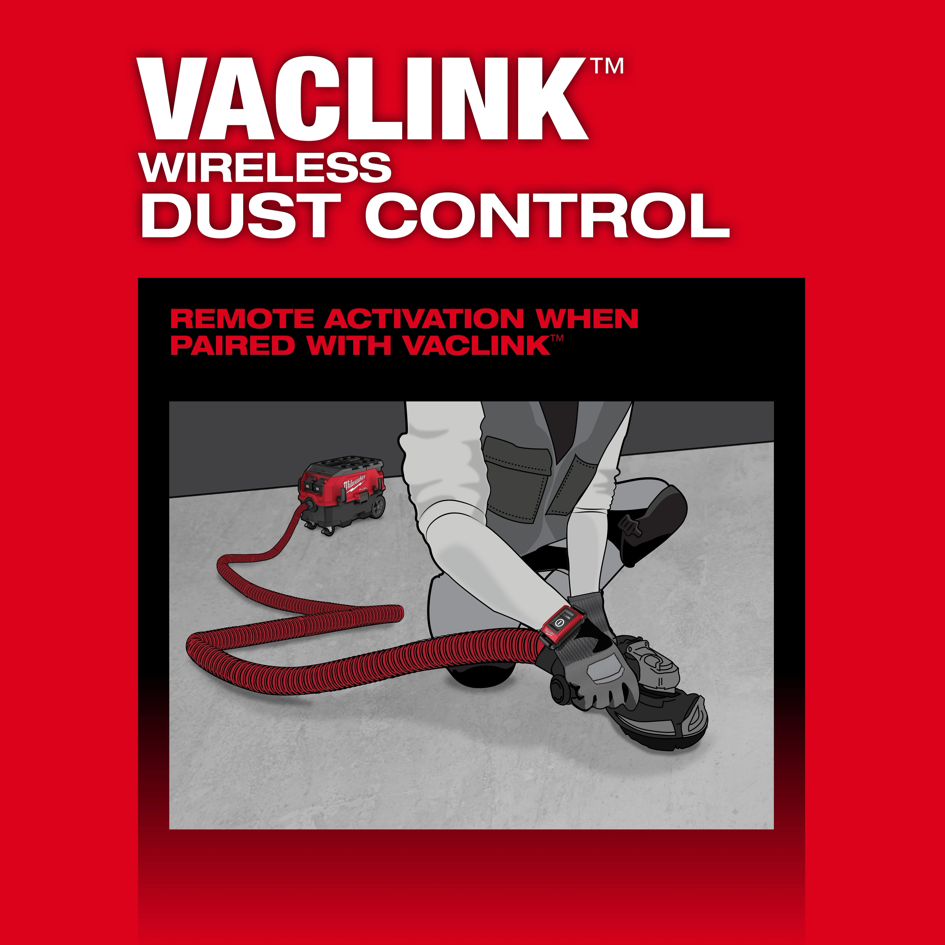 The image promotes the M18 FUEL™ 9 Gallon Dual Battery Dust Extractor with PACKOUT™ Compatibility and VACLINK™. It highlights the wireless dust control feature and remote activation when paired with VACLINK™. A person is shown controlling the extractor with a VACLINK™ remote on their wrist.