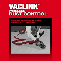 The image promotes the M18 FUEL™ 9 Gallon Dual Battery Dust Extractor with PACKOUT™ Compatibility and VACLINK™. It highlights the wireless dust control feature and remote activation when paired with VACLINK™. A person is shown controlling the extractor with a VACLINK™ remote on their wrist.