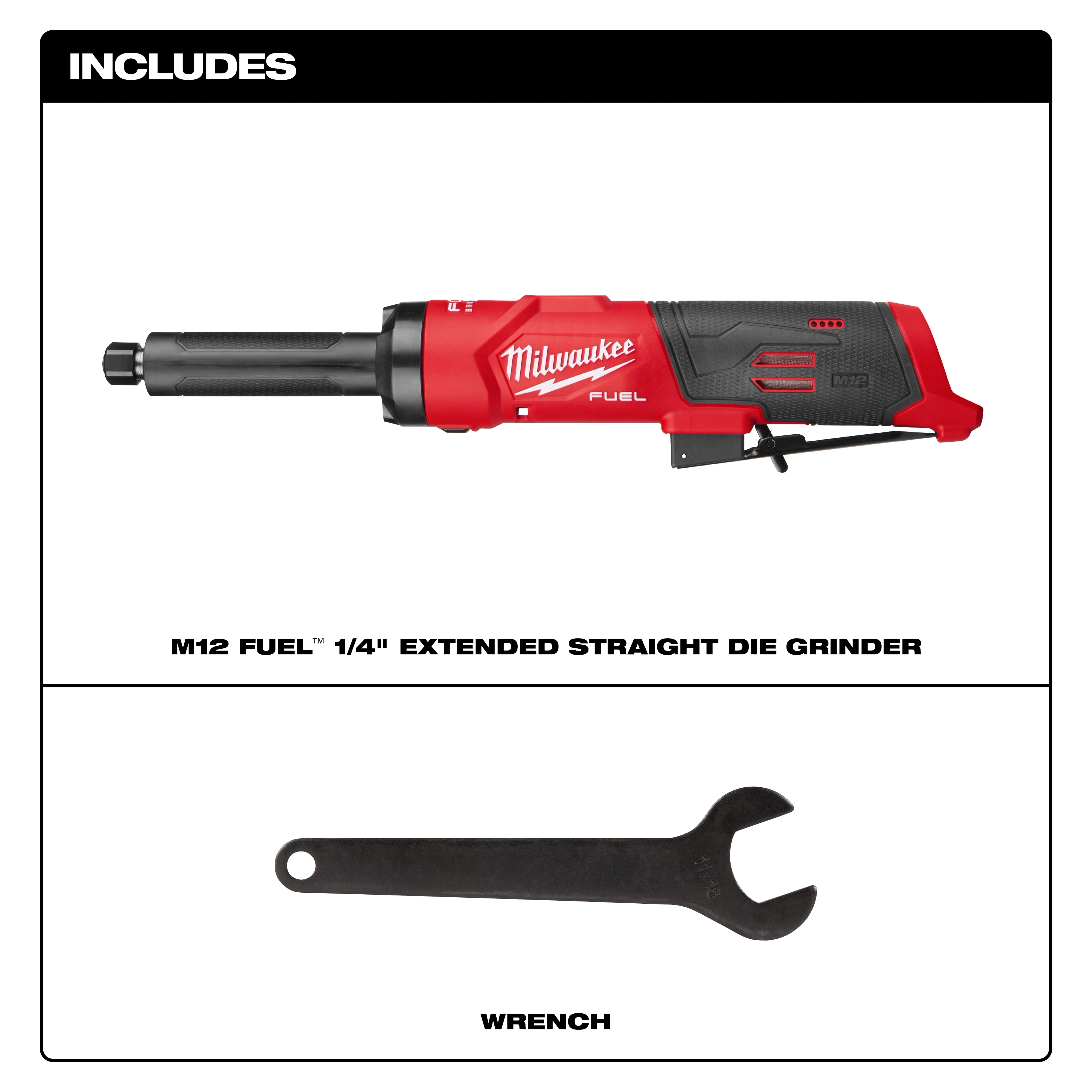 M12 FUEL 1/4" Extended Die Grinder shown horizontally above a single open-end wrench.