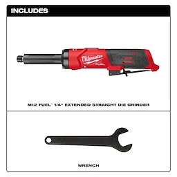 M12 FUEL 1/4" Extended Die Grinder shown horizontally above a single open-end wrench.