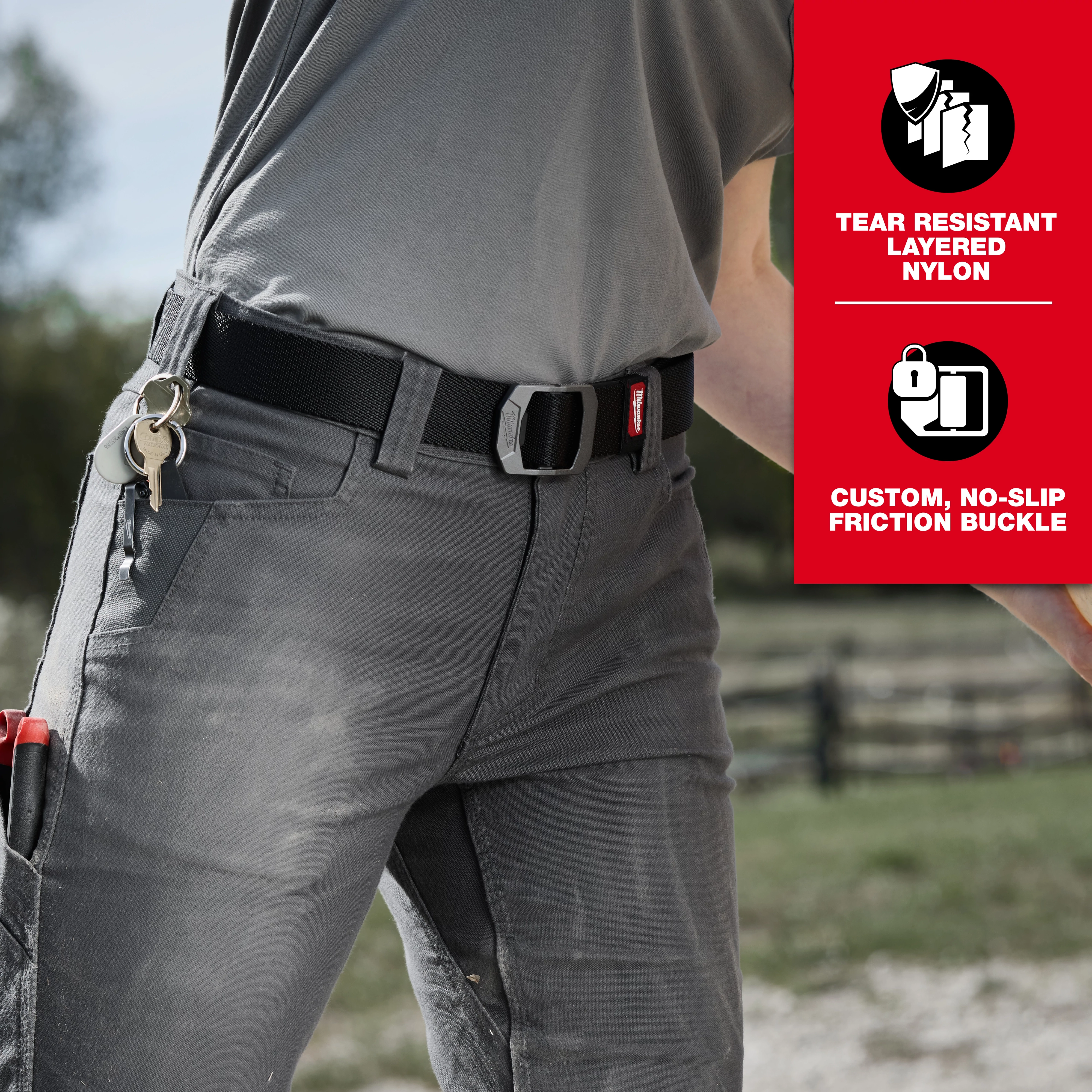 Image of a person wearing the Milwaukee FREEFLEX™ Nylon Webbing 1.5" Belt