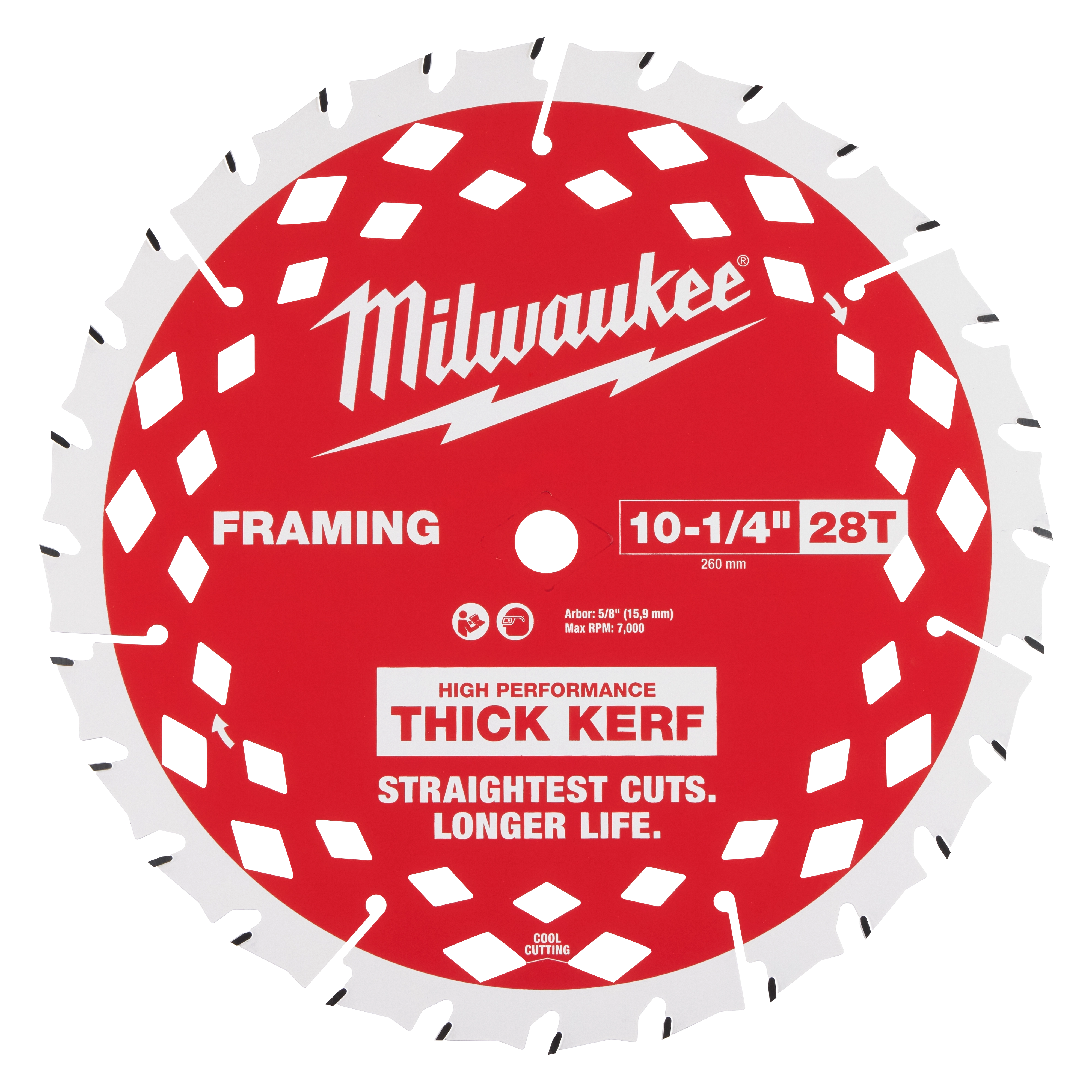 Milwaukee 10-1/4” 28T Thick Kerf Framing Circular Saw Blade with red background, straightest cuts, and longer life.