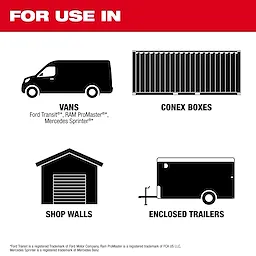 The PACKOUT™ Rack is suitable for use in vans, Ford Transit, RAM ProMaster, Mercedes Sprinter, conex boxes, shop walls, and enclosed trailers.