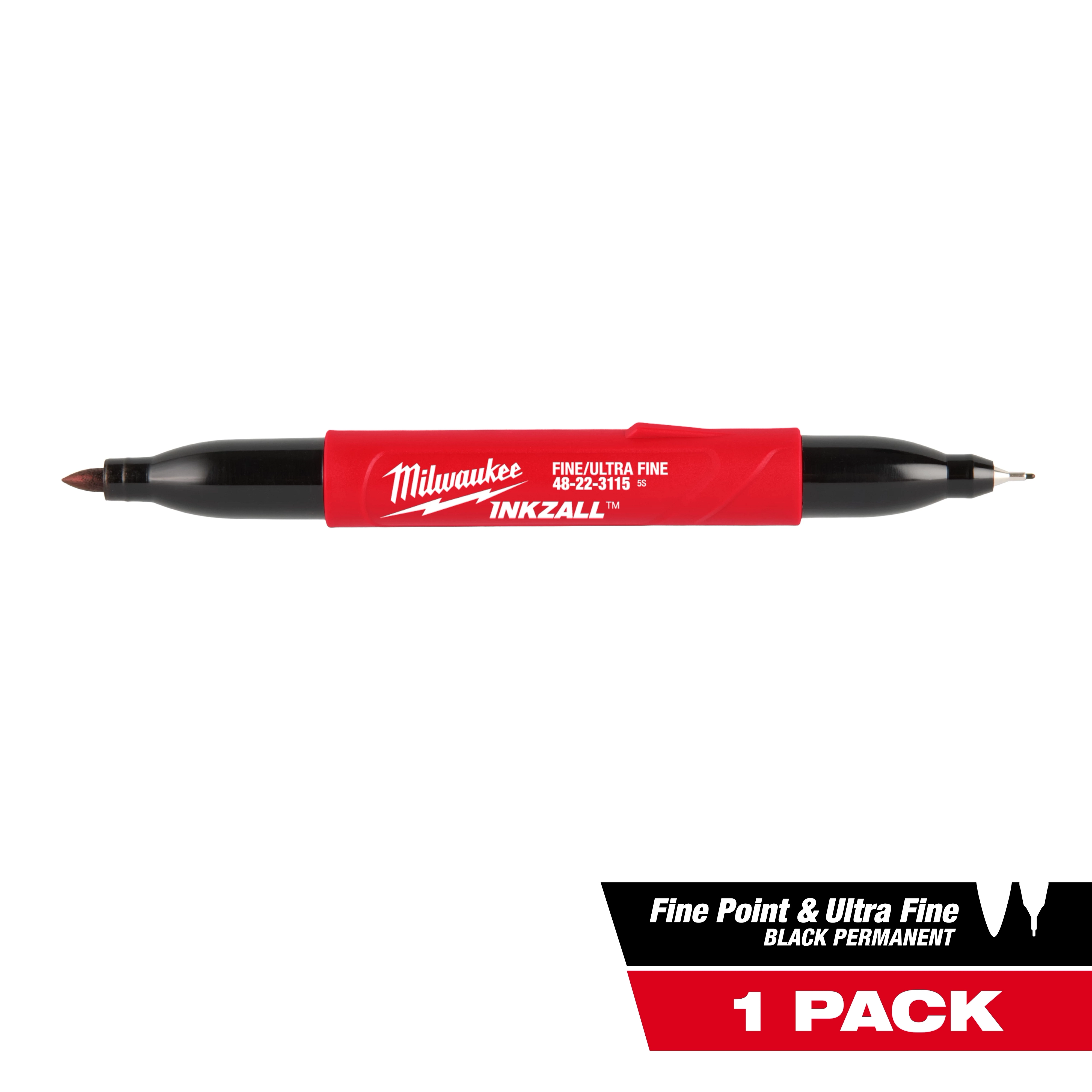 INKZALL Double Sided Black Jobsite Marker with fine point and chisel tip. Red body, black ends. Labeled 1 pack, fine and ultra-fine.