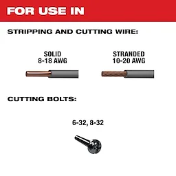 8-20 AWG Dipped Grip Wire Stripper & Cutter (USA) for use in stripping solid 8-18 AWG, stranded 10-20 AWG wires, and cutting bolts.