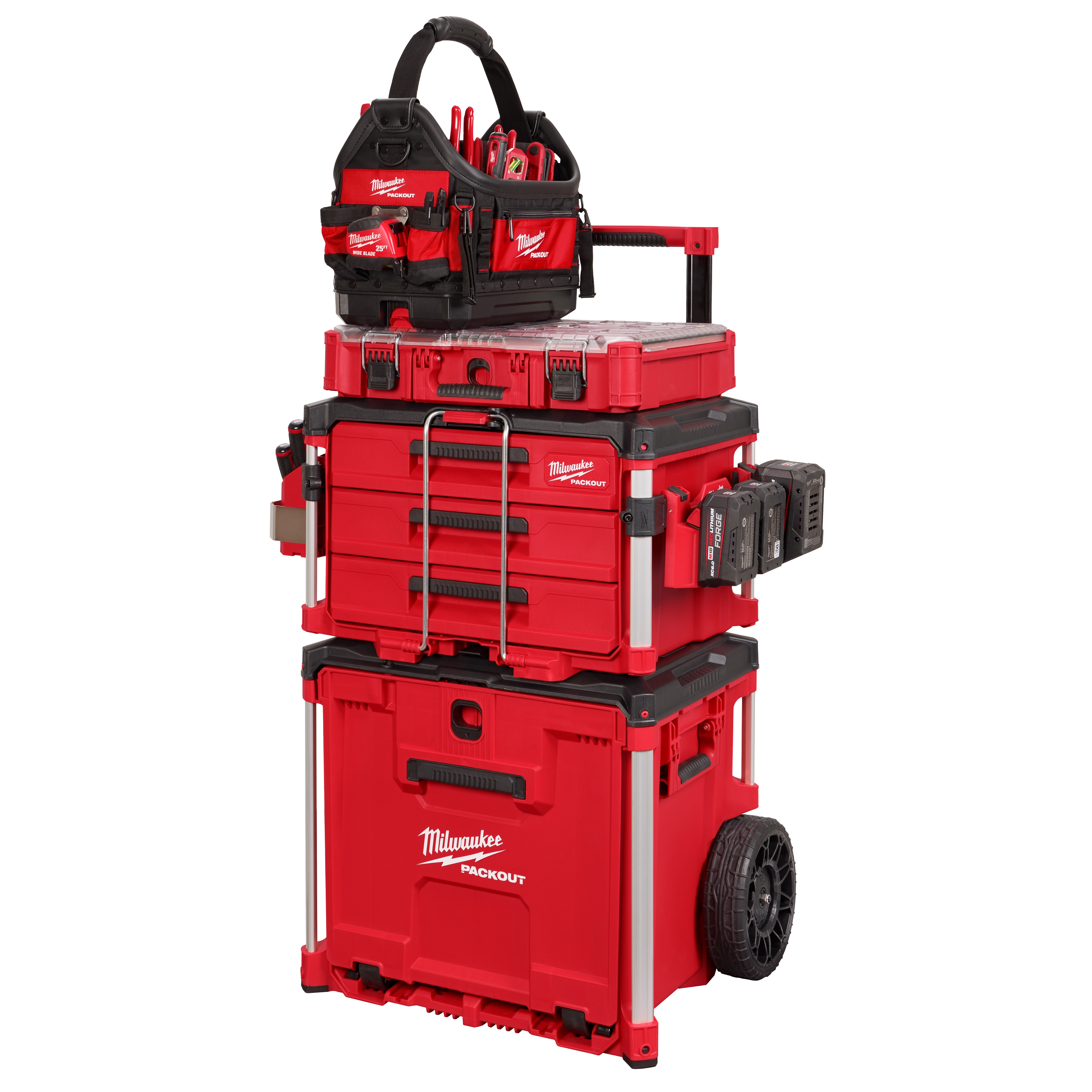 The image shows a PACKOUT™ Rolling Drawer Tool Box by Milwaukee. It features a modular, red and black design with several stacked compartments, including drawers and a large wheeled base unit for easy transport. A tool bag sits on top, filled with various hand tools.