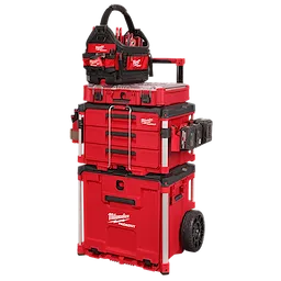 The image shows a PACKOUT™ Rolling Drawer Tool Box by Milwaukee. It features a modular, red and black design with several stacked compartments, including drawers and a large wheeled base unit for easy transport. A tool bag sits on top, filled with various hand tools.